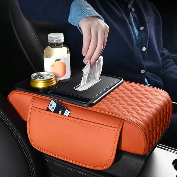 5-in-1 Car Armrest Pad Cushion, Water Ripple Embossed Center Console Booster Pad with Tissue Box, Cup Holder, Storage Bag, Phone Slot, Fit for Most Sedan Vehicles (Water Ripple Series, Coffee)