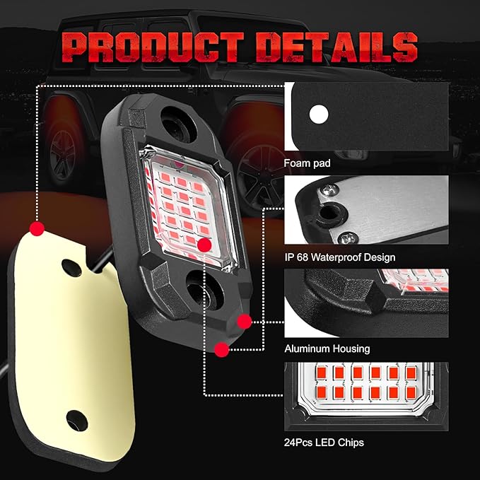 4 Pods Red Rock Lights 24 LEDs Chips Waterproof Neon Trail Rig Lamp Underglow Lights for Car Truck Motorcycle SUV ATV UTV (Red)