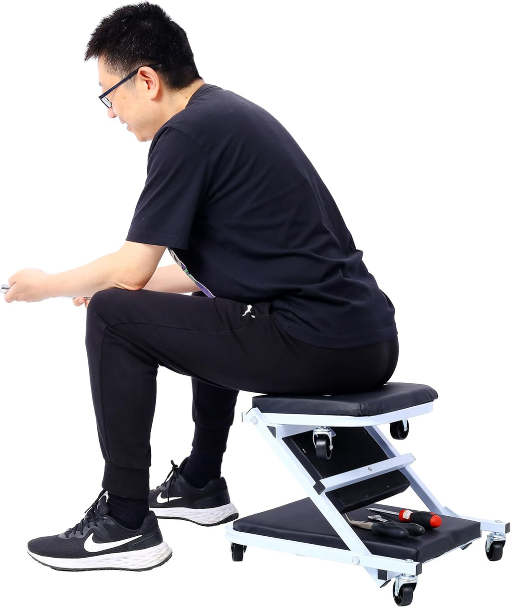 Mechanic Creeper and Stool, 36" Z Creeper Seat, 2-in-1 Garage Tool, 300 lbs Capacity, Low Profile with 6 Wheels (White)