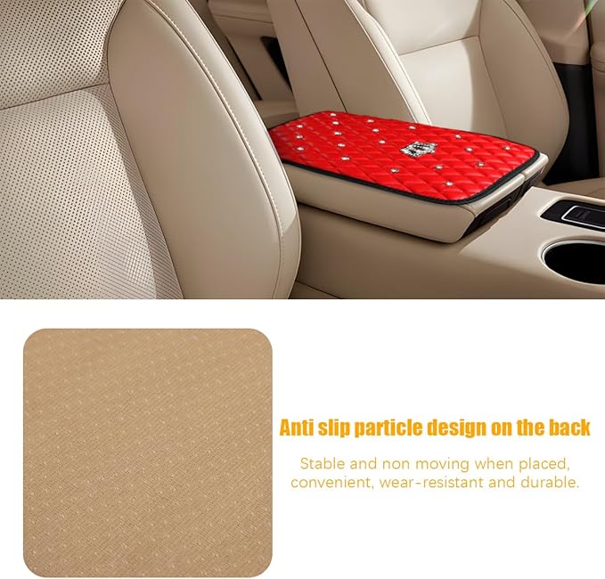 Mandark Bling Car Center Console Cover, Rhinestones Crown Vehicle Armrest Seat Box Mat Pad, Diamond Automotive Interior Arm Rest Cushion Protector Decor Accessories, Universal Fit(Red)