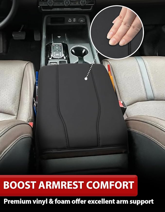 KBH Center Console Armrest Cover for Honda Pilot 2023-2026, Ridgeline 2024 2025, Passport 2024-2026, Middle Console Lid Protector, Vinyl Leather Trim with Side Pockets, Anti-Scratch, Black