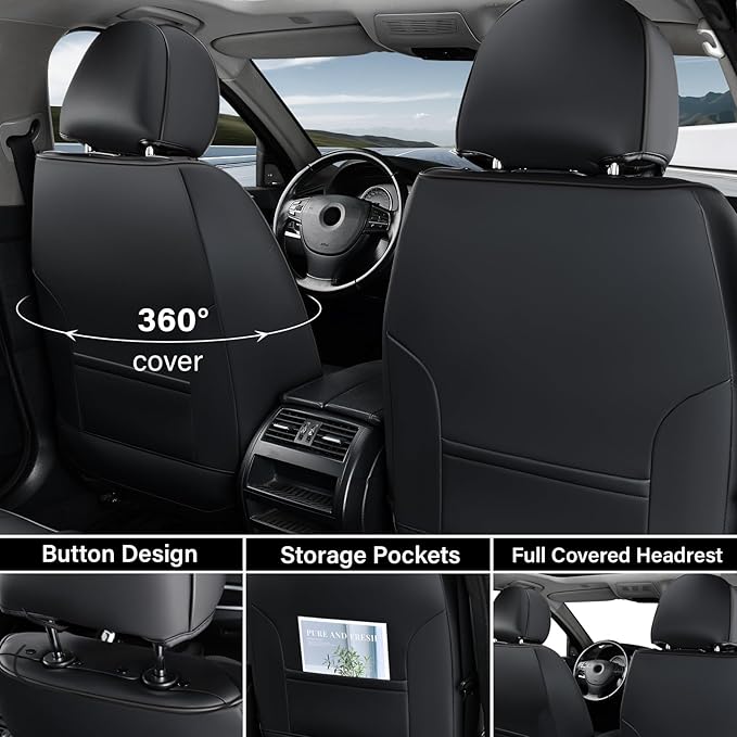 Coverado Car Seat Covers Full Set, Black Seat Covers for Cars, Waterproof Nappa Leather Automotive Seat Covers with Lumbar Head Pillow, Car Seat Protectors, Universal Fit for Most Cars SUV