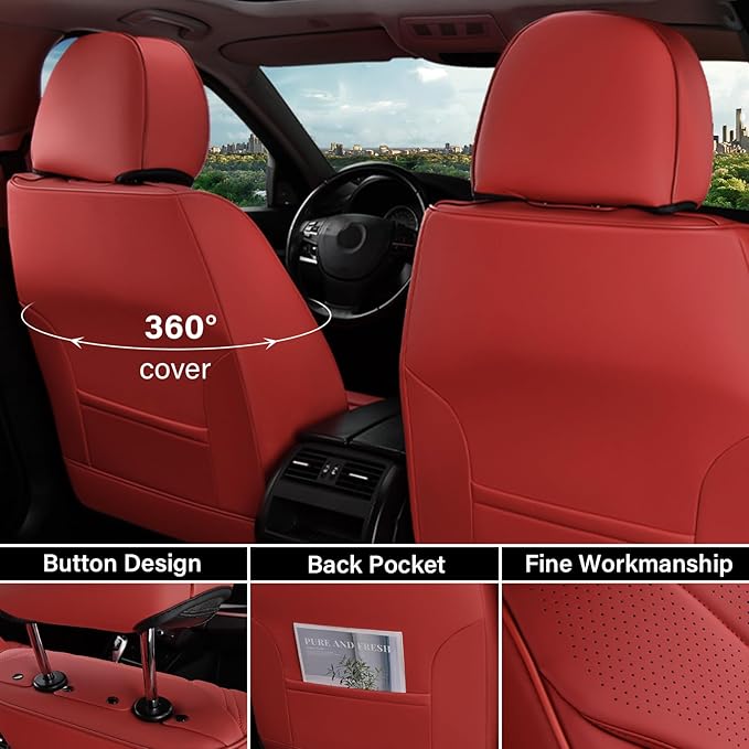 Coverado Seat Covers Full Set, Red Seat Covers for Cars, Front and Rear Seat Covers Waterproof Seat Cover, Leather Car Seat Protector, Universal Car Seat Cushion Fit for Most Sedan, SUV, Truck, Red