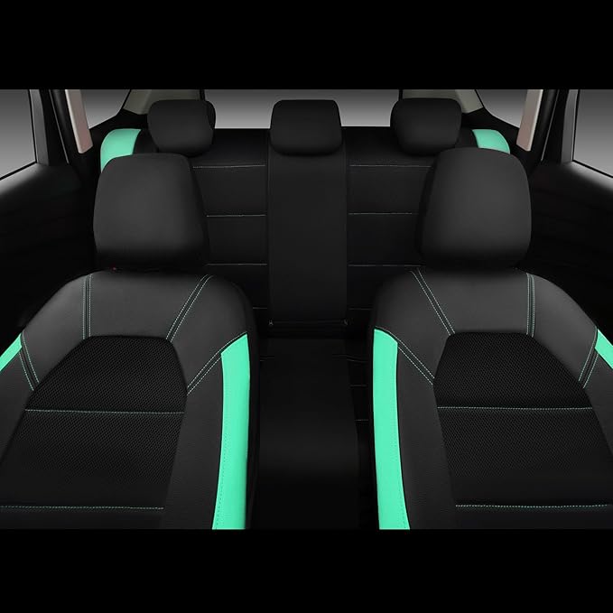 CAR PASS Leather Seat Covers, Breathable Universal Car Seat Cover Full Set for Cute Women Girly,Super 5mm Composite Sponge Inside,Airbag Compatible Fits Most Auto,SUVs,Trucks,Vans(Full Set,Black&Mint)