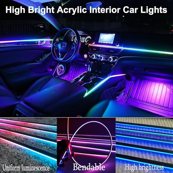 Interior Car LED Strip Lights,Acrylic LED Lights for Car with Dynamic Dreamcolor Chasing,57in USB 2 in 1 RGB Neon Strip Fiber Optic LED Ambient Lighting Kits with Remote APP,for Inside car Decorations