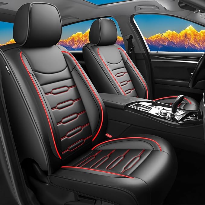 Fit Kona Car Seat Covers for Hyundai Kona 2018-2024 2025 2026 - Upgraded Premium Waterproof & Breathable Leather, Airbag Compatible, All-Weather Seat Cushion Protector(2 Front/Black+Red)
