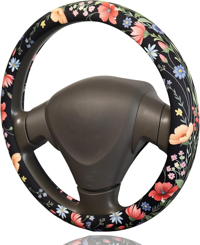 Watercolor Wildflower Steering Wheel Cover for 14.5-15 Inch (37-38 cm) Wheels, Premium Fabric with Non-Slip Rubber Inner Ring