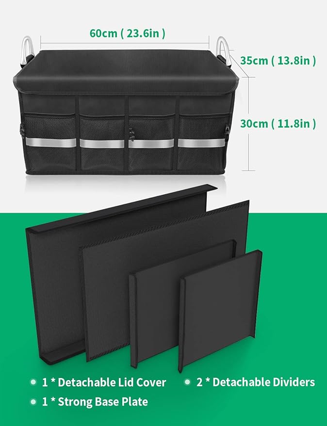 Oasser Trunk Organizer Cargo Organizer Trunk Storage Waterproof Collapsible Durable Multi Compartments with Foldable Hard Cover Aluminium Alloy Handle Reflective Strip (Large, Black)
