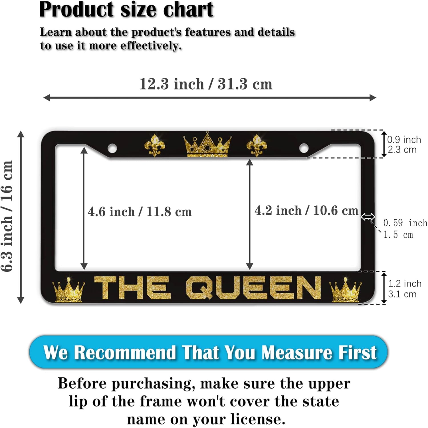 License Plate Frames Black Yellow Automotive Exterior Accessories The Queen Universal Aluminum Car Accessory 2 Pack with Screw Covers Set