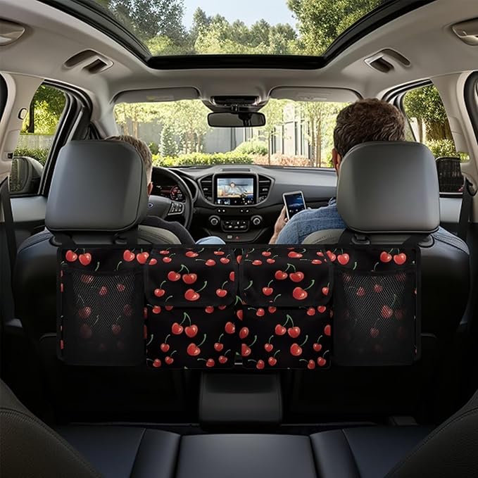 Cherry Trunk Organizer for Car Women Adjustable Back Seat Car Organizer Oxford Cloth Car Back Seat Organizer with 4 Pockets, Space-Saving Car Organizers Storage Bag for SUV/MPV/Truck