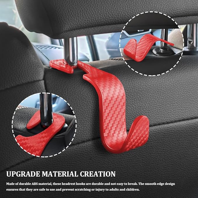 4PCS Car Seat Headrest Hook, Plastic Auto Back Seat Hanger Hooks, Multi-Functional Stylish Seat Hooks, Universal Car Interior Headrest Hanger Storage Accessories for Purse Coats Handbag (Red)
