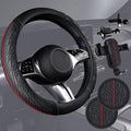 CAR PASS Leather Rubber Steering Wheel Cover Set,Tire Tread Pattern Design,Non-Slip Wear-Resistant,Equipped with Mobile Phone Holder and Non-Slip Cup Mat,Suitable for Steering Wheel 14.5-15”Black Red