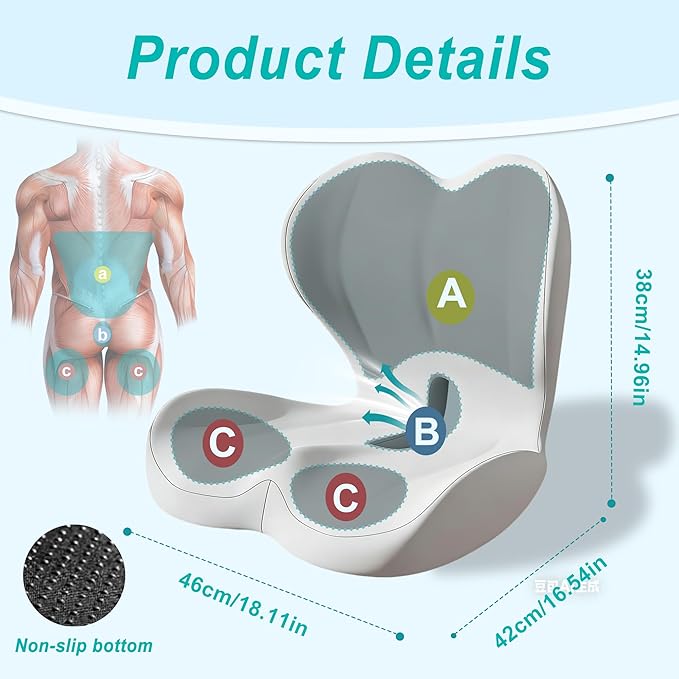 Seat Cushion for Office Chair and Car, Lumbar Support Pillow for Office Chair, Memory Foam Ergonomic Seat Cushion for Long Sitting, Back & Tailbone Pain, Sciatica - Light Gray