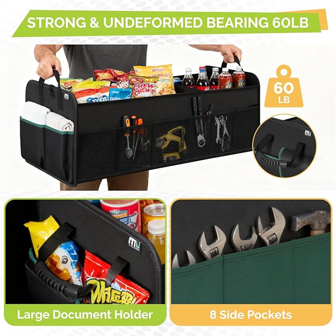 MIU COLOR Large Trunk Organizer for SUV with 5 Compartments, Collapsible Car Organizer with Strong Handle and Non-Slip Bottom, Storage Organizer for Sedans, Van, Jeep, Grocery, Black Mixed Green