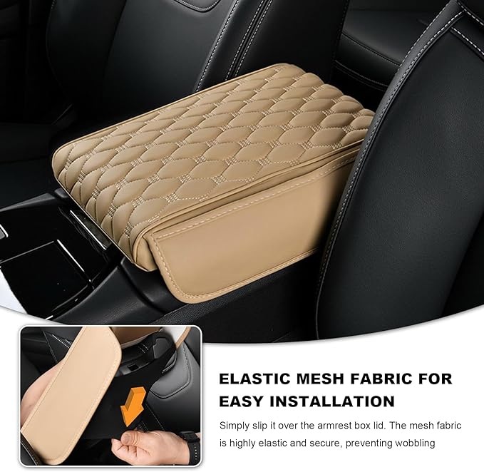 Car Armrest Cushion, Memory Foam Auto Arm Rest Box Protector with 2 Storage Bags, Waterproof Leather Center Console Cover Universal for Most Vehicles, Car Accessories (Beige)