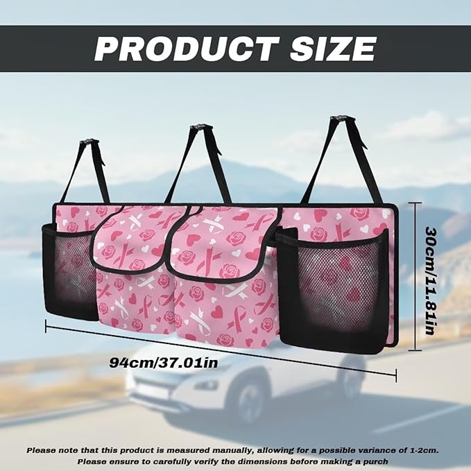 Pink Ribbon Roses Car Trunk Organizer Bag Car Back Seat Storage Bag with 4 Pockets Automotive Interior Accessories for SUV MPV Sedans Pickup Jeep Trucks