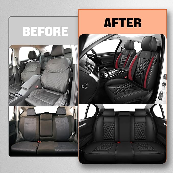 Car Seat Covers Compatible with Toyota Camry 2012-2026 Durable Waterproof Automotive Seat Covers Stretchable Fabric Material, Airbag Compatibility, Premium Nappa Leather(Black Red, Full Set)