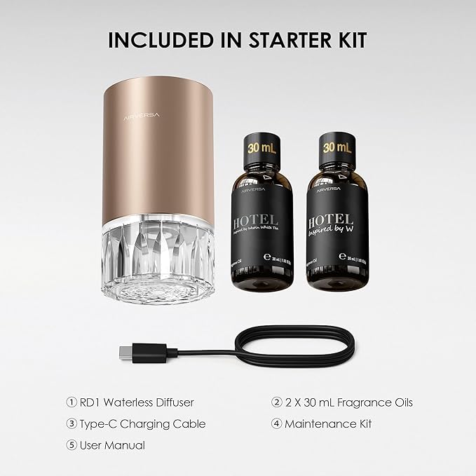 Airversa Waterless Essential Oil Diffuser Starter Kit with 2x30mL Hotel Scent Fragrance Oil for Home Room Desk Car, Battery Operated Scent Air Freshener Diffuser, 100mL Capacity, RD1 Kit Titanium