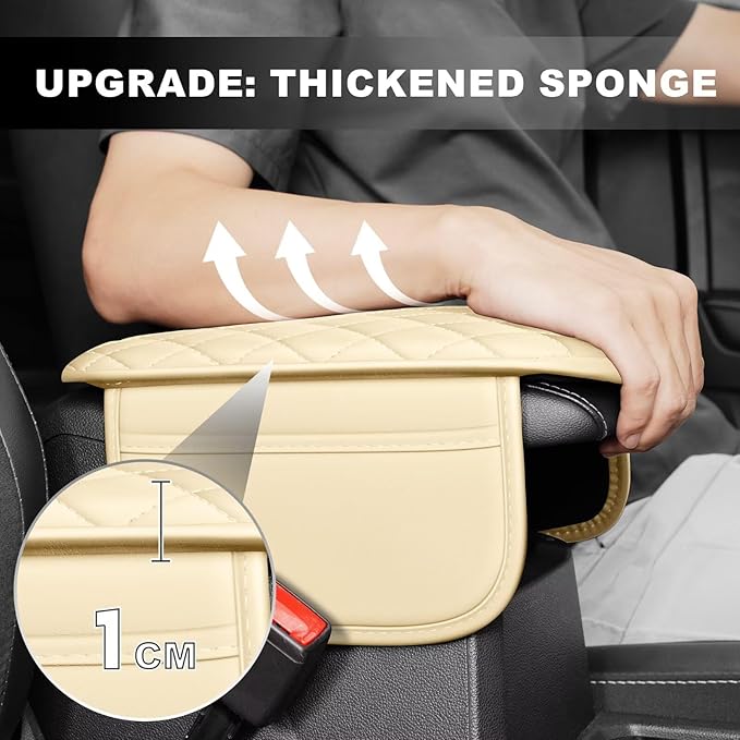Upgraded Car Center Console Cover Fit for Avalon Faux Leather Car Armrest Cover Cushion with 2 Storage Bags,Car Armrest Storage Box Interior Accessories(Beige&Whiteline)