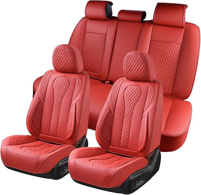 KEYOOG Car Seat Covers Full Set, 5-Seater Waterproof and Breathable Nappa Leather, Fit for Front and Rear Seats of Cars, Compatible with Airbags, Car Seat Protector Covers for Most Cars - Wine red