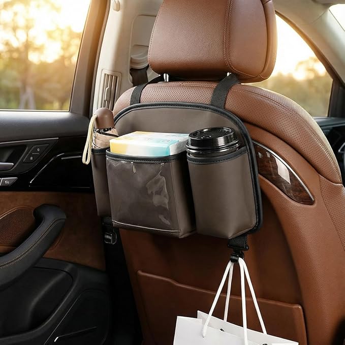 Craedli 3 in 1 Car Back Seat Organizer with Cup Holder & Hook, Multifunctional Car Seat Back Storage Box for Hold Phone Drinks Handbag, Travel Accessory Auto Interior Organizer with Tissue Box (Brown)