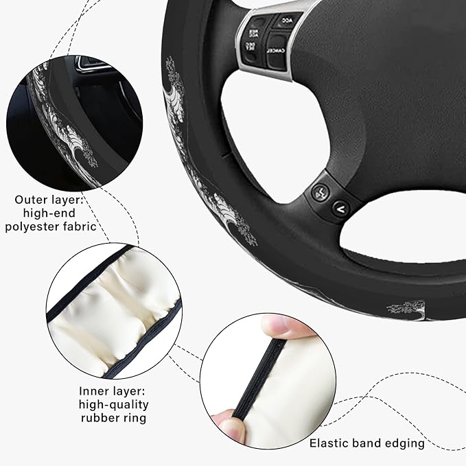 Sea Wave Steering Wheel Cover, Cute Print Steering Wheel Cover Protector, Ultra Thin Breathable Non-Slip, Car Accessories for Men, for Steering Wheel with a Diameter of 14.5"-15"