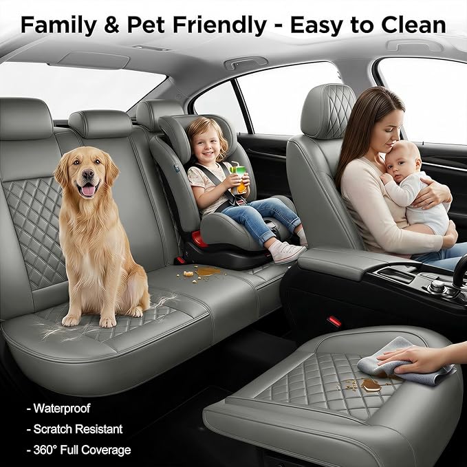Fit Ioniq Car Seat Covers for Hyundai Ioniq 2017-2026 - Premium Leather, Waterproof, All-Weather, Airbag Compatible, Anti-Slip, Breathable, Easy Install, Seat Protectors, Full Set, Gray