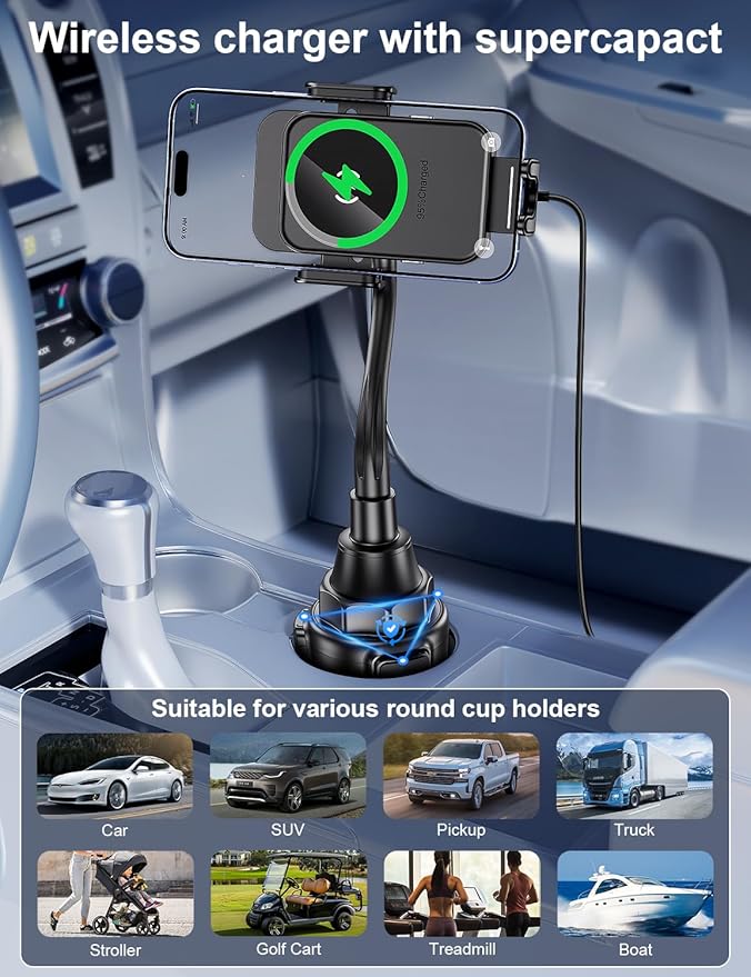 Cup Holder Phone Mount, [Auto Clamping] 2 in 1 Wireless Car Charger Holder Fast Charging, 15W with Quick Extension Long Arm, Fast Swivel Adjustable, 360° Rotatable for iPhone 17/16/15/14/13/12 pro/12
