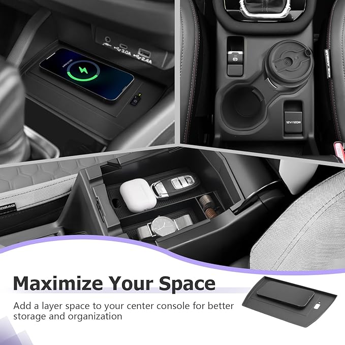 LUWU for 2025 2026 Subaru Forester Accessories Compatible with 2025 2026 Forester Wireless Charging Anti-Slip Mat - Center Console Cup Holder - Armrest Console Secondary Storage Box Insert Tray 3-Pack