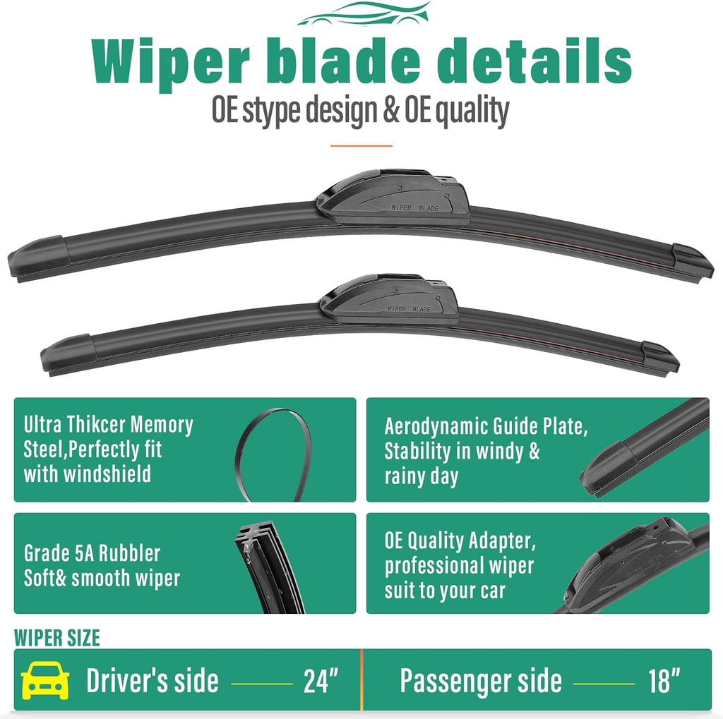 24" 18" 14" Windshield Wiper Blades Replacement for Hyundai Santa Fe 2007 2008 2009 2010 2011 2012 Premium All Weather Front Rear Wipers Set - OEM Quality (Pack of 3)