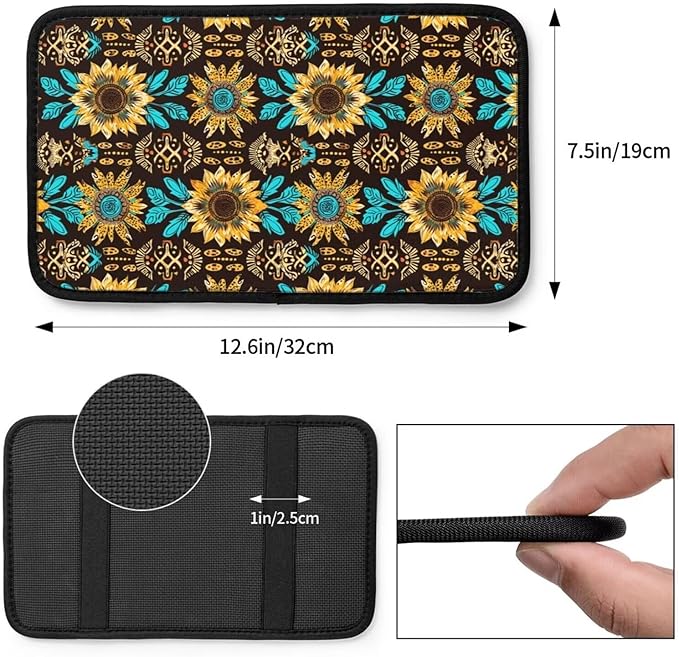 Car Center Console Cushion Pad Vintage Sunflower Yellow Universal Armrest Seat Box Cover Protector Aztec Floral Leopard Car Decor Accessories Fit for Vehicle, SUV, Truck, Sedans