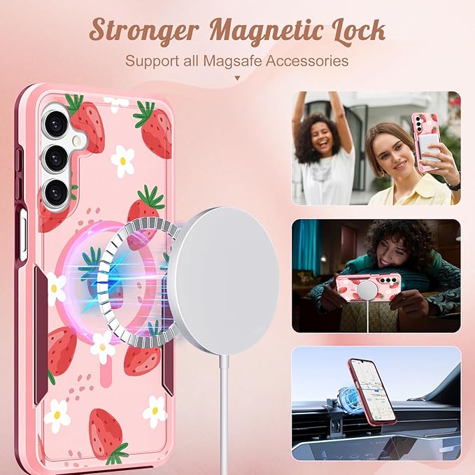 for Samsung Galaxy A16 5G Phone Case - Compatible with MagSafe Women Girls Cute Magnetic Protective Cover Girly Pretty Kawaii Strawberry Heavy Duty Shockproof Design for Samsung A16 5G Case