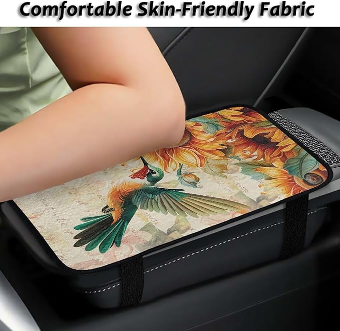Sunflower Hummingbird Middle Console Covers Non-Slip Flannel Armrest Cover for Car Easy Install Arm Rest Lid Protector Cushion Fit for Cars Truck SUV or Vans