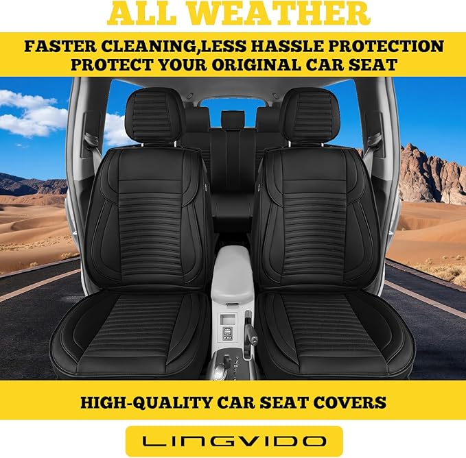 LINGVIDO Front Car Seat Covers, Faux Nappa Leather, Airbag Compatible and Waterproof Protectors for Sedans SUVs, Breathable Anti-Slip Interior for Commuters and Rideshare, Black