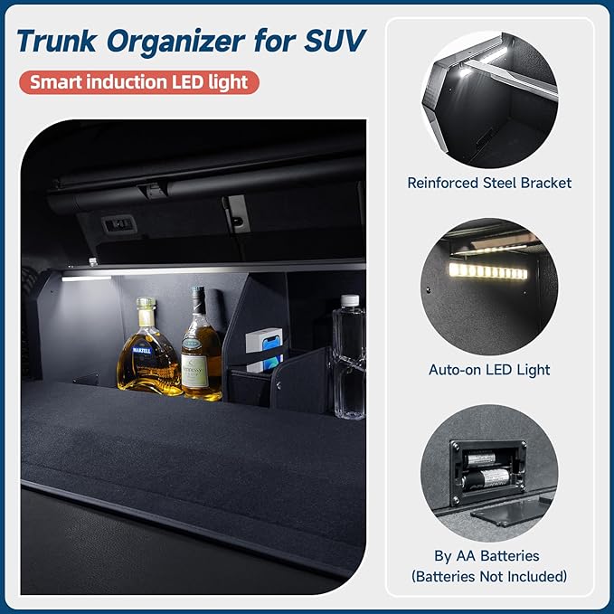 Trunk Organizer SUV with LED Light, Waterproof Leather Car Trunk Storage Organizer with Lights, Large Capacity Sturdy Car Storage Box Powered by 4 AA Batteries (Batteries Not Included)