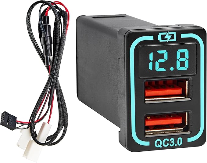 Anina QC3.0 Car Charger for Toyota, 18W Dual USB Port Powered by Cigarette Lighter with Digital Voltmeter, Panel Flush Mount USB Socket for Tundra Corolla Highlander, Vehicle Dash Port 1.34"x0.91"