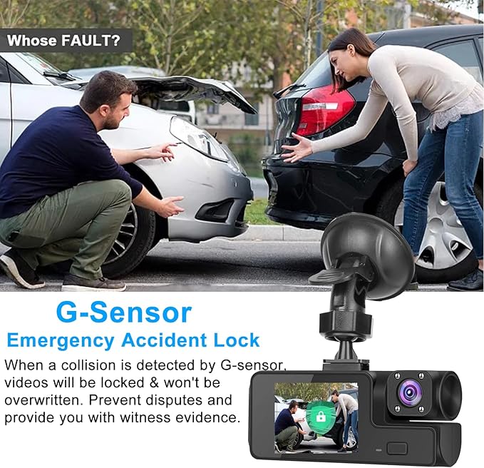 1080P 3Channel Dash Camera for Car Front and Rear Inside Dashcam Car Video Recorder,170°Wide Angle Vehicle Cam,WDR,G-Sensor,2’’ IPS Screen,Loop Recording,Night Vision (3Channel Dash Cam Without Card)
