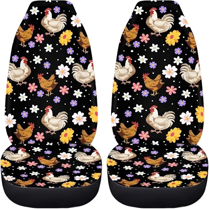 BIGCARJOB Boho Chicken Car Seat Protector - Full Set of 2 Pieces Hippie Daisy Chicken Vehicle Bucket Seat Pad for Women's Auto Interior