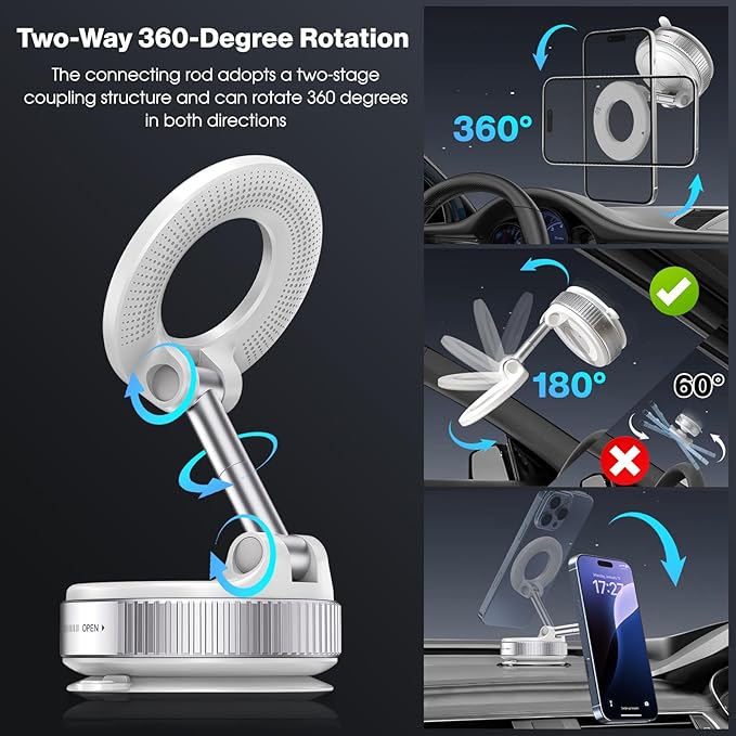 Jikasho Vacuum Magnetic Car Phone Holder for Magsafe, Hands-Free 360° Adjustable Suction Cup Phone Mount for Car/Gym/Mirror/Smooth Surface, Compatible with iPhone & Android (White)
