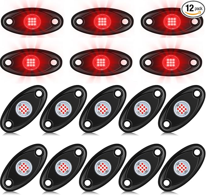 Macarrie 12 Pods Rock LED Lights for Car SUV Underglow Lights Waterproof Neon Trail Rig Lamp Lighting for Truck Motorcycle Boat ATV UTV and More(Red)