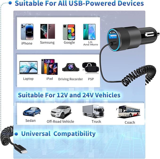 【MFi Certified】iPhone Car Charger Fast Charging, Caiinei 4.8A USB Car Charger Fast Charging Cigarette Lighter Adapter with 6FT Coiled Lightning Cable for iPhone 14 13 12 11 Pro XS Max Mini XR X 8 iPad