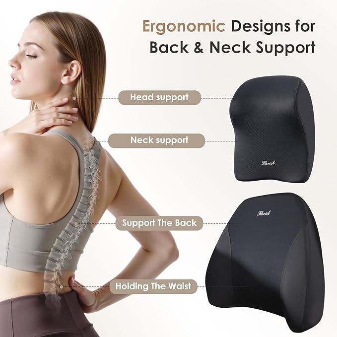 FLORICH Car Seat Cushion & Lumbar Support Pillow & Car Neck Pillow for Driver Car Office Chair, Ergonomic Memory Foam Car Cushion & Back Support Pillow for Sciatica Pain Relief - Black