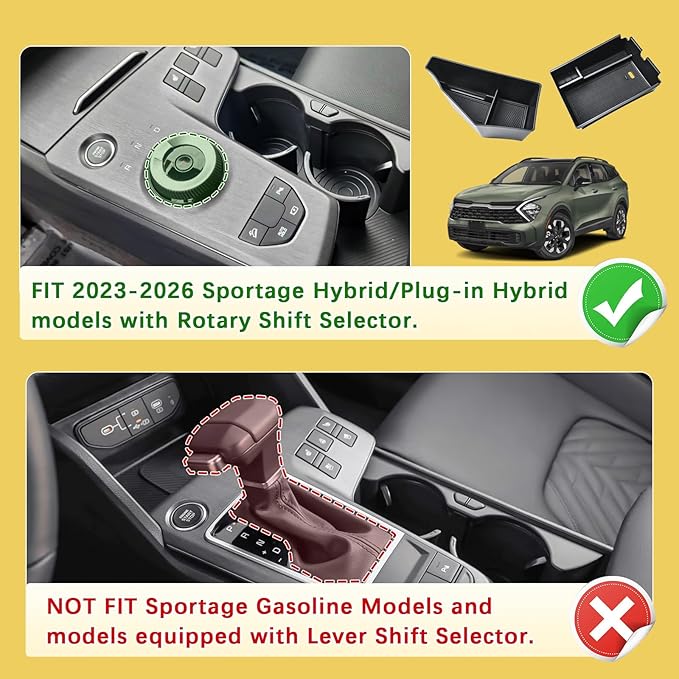 2PCS Center Console Organizer & Armrest Storage Box Compatible with 2023-2025 2026 Kia Sportage Hybrid/Plug-in Hybrid Accessories (with Rotary Type Transmission ONLY), ABS Middle Console Insert Tray