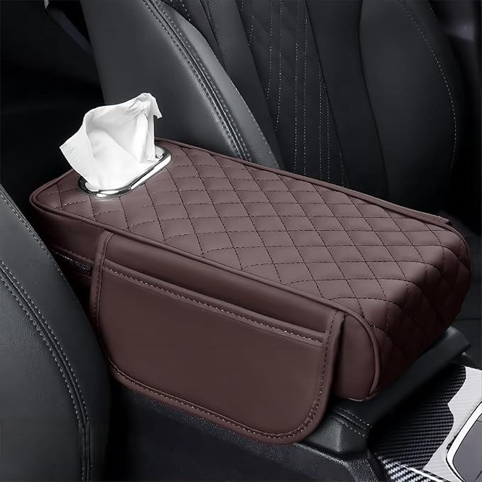 Car Center Console Cover for Toyota Highlander 3.Generation 2013-2020, Leather Car Arm Rest Cover, Car Armrest Cushion with 2 Storage Bags Car Center Console Armrest Pad, D Brown