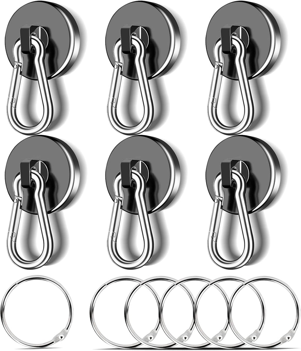 MIKEDE 6 Pack Strong Magnetic Hooks, 70LBS Pull Force Neodymium Magnetic Hooks Cruise Ship with Swivel Carabiner Hooks, Black Heavy Duty Magnets Hooks with Rings for Hanging, Grill, Refrigerator
