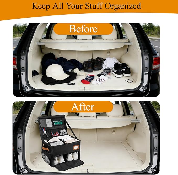 2 Layer Golf Trunk Organizer, Golf Organizer with 2 Pairs Shoes Compartment, Golf Storage Waterproof Car Trunk Locker for Balls, Caps, Clothes, Gloves, Accessories, Gifts for Golfers