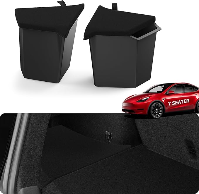 BASENOR 2021-2026 Tesla Model Y 7-Seater Trunk Storage Bins, (Proprietary Design) Trunk Organizer with Carpeted Lid, Rear Trunk Side Storage Box for 7 Seat Model Y Interior Accessories