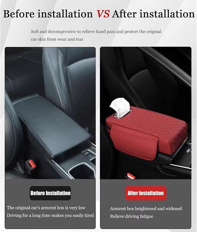 Car Center Console Cover for Toyota Highlander 3.Generation 2013-2020, Leather Car Arm Rest Cover, Car Armrest Cushion with 2 Storage Bags Car Center Console Armrest Pad, F Red