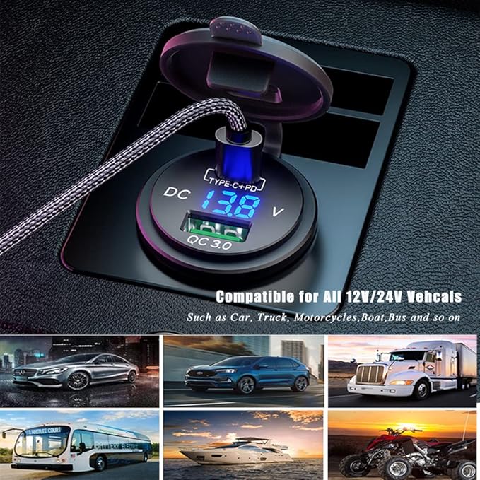 GemCoo 63W USB C Car Charger Socket, 45W PD Outlet 18W QC3.0 Charger 12V USB Cigarette Lighter Socket with LED Voltmeter for Car RV Boat Marine Truck Motorcycle