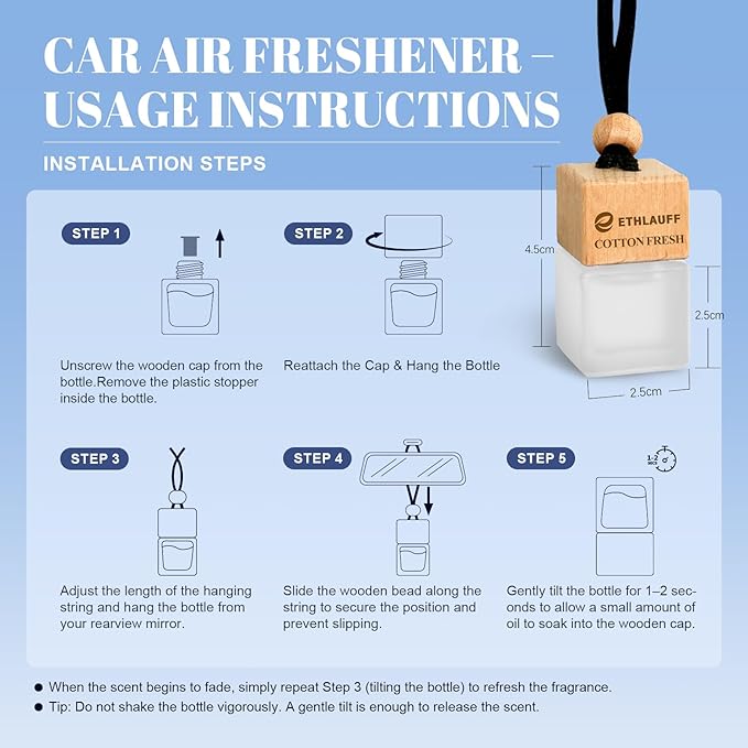 Car Air Freshener Hanging, 3 Pcs Cotton Fresh, Fresh Linen, Cardamom & Cedar, Car Scent Air Fresheners Diffuser for Car, 45+ days Long Lasting Fragrance, 0.27 FL OZ/8ML